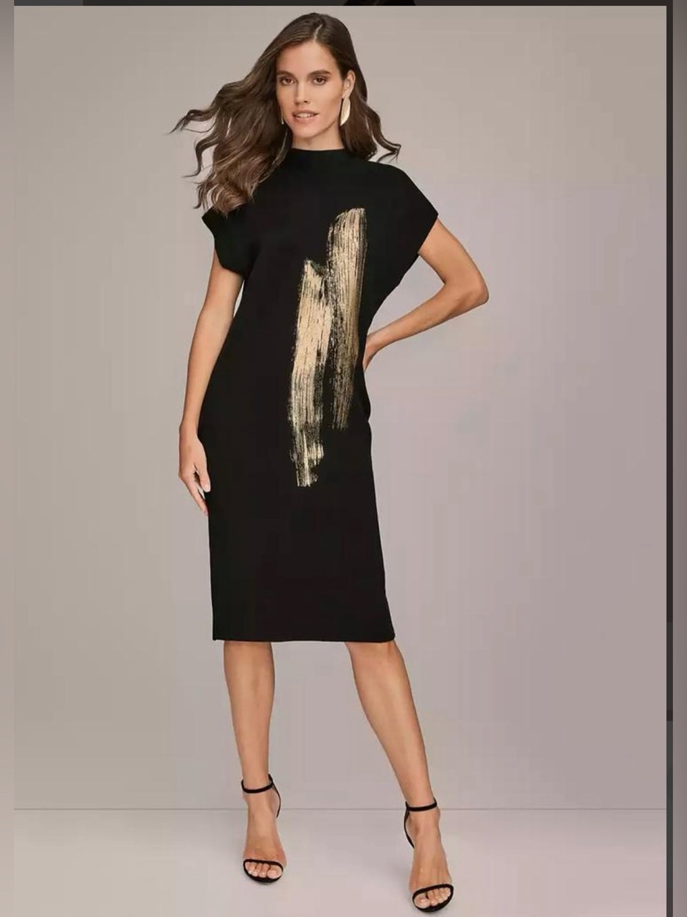 NWT Donna Karan Black High Neck Sweater Dress with Gold Brushstroke. XLARGE - Picture 9 of 15